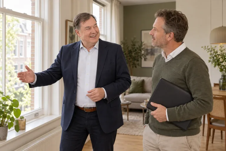 Meindert bespreekt een appartement met een verhuurder