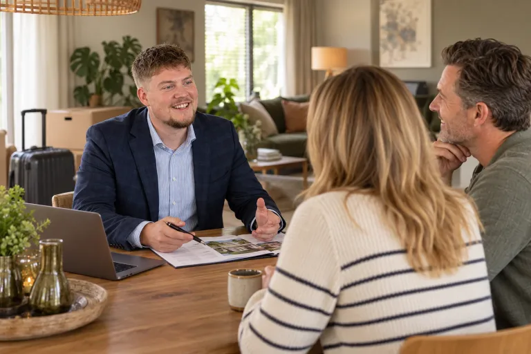 Rutger bespreekt de verkoop met een stel dat een verhuizing voorbereidt