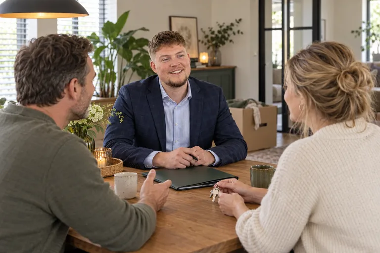 Rutger bespreekt verhuisplannen met een stel aan de eettafel