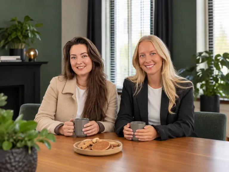 Twee collega's van Hellema Makelaars met koffie en koekjes aan tafel