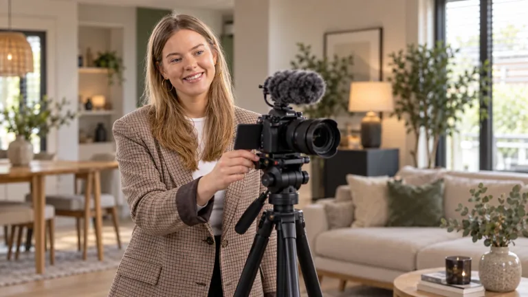 Klaar voor de camera Evelyn bereidt de camera voor op het filmen van een woning