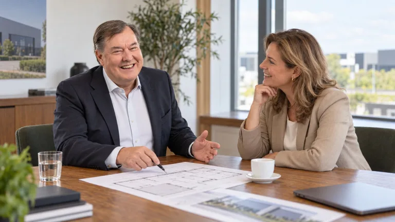 Bezichtigingen en overleg Meindert overlegt met een eigenaar over de verkoop van een bedrijfspand