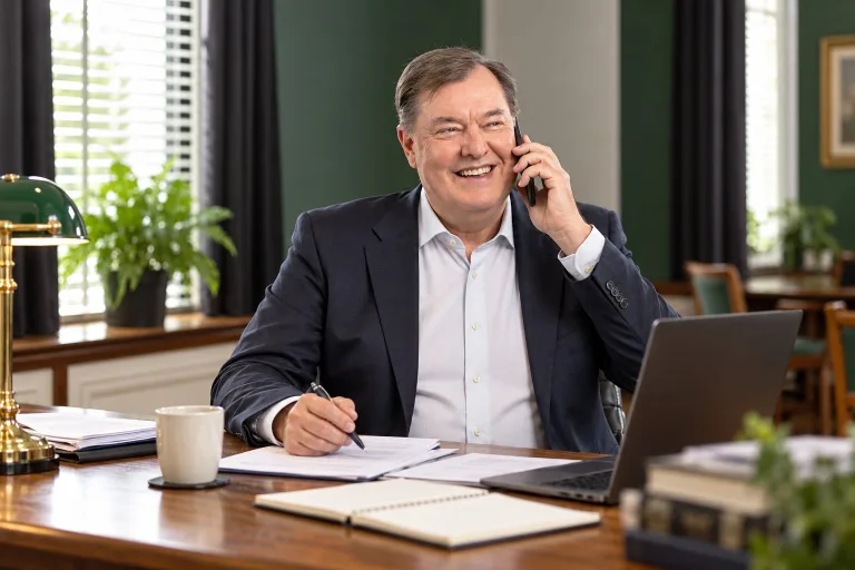 Meindert overlegt telefonisch over het beheer van een pand