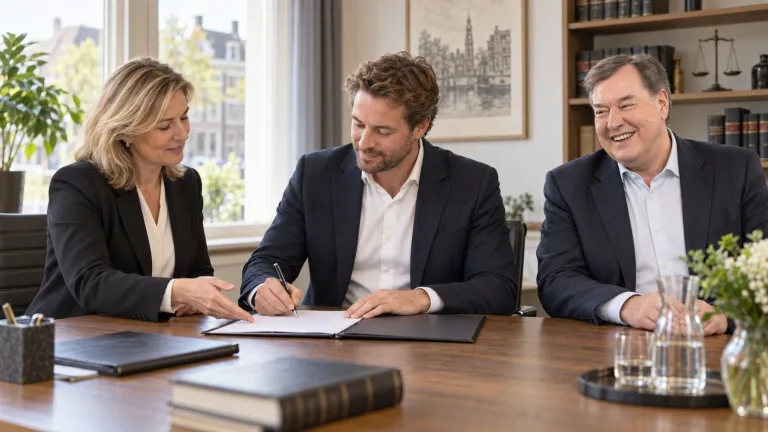 Tot aan de overdracht Een eigenaar tekent de overdrachtsdocumenten bij de notaris, met Meindert erbij