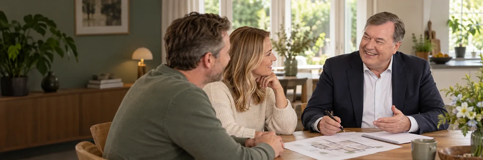 Meindert bespreekt de waarde van een woning met de eigenaren aan de eettafel