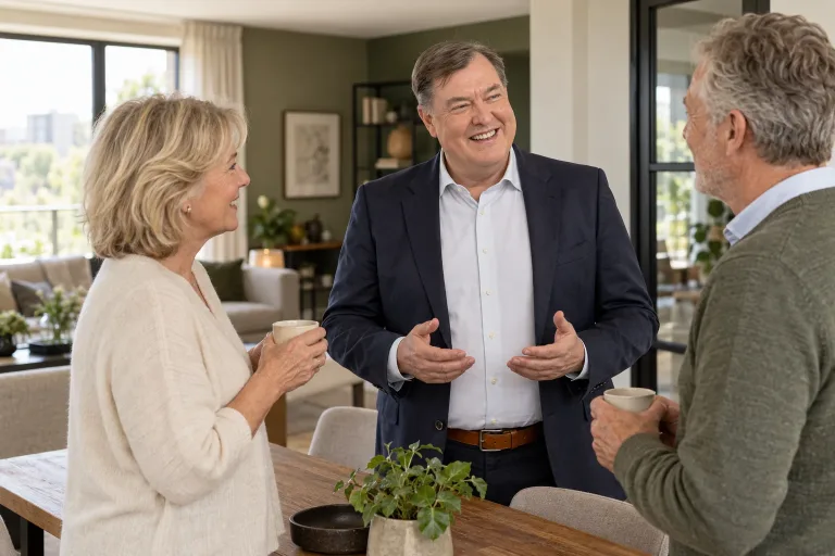 Meindert praat met een stel over kleiner wonen