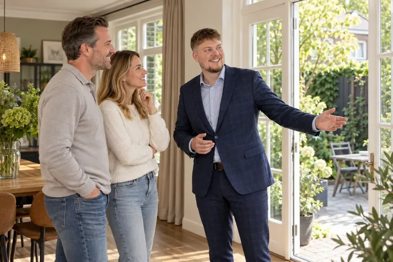 Rutger bekijkt met woningzoekers een huis met uitzicht op de tuin